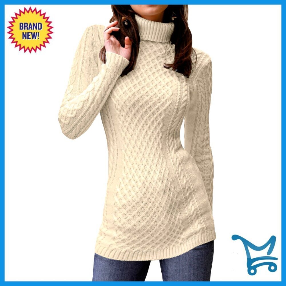 Cotton Cable Knit Turtleneck Sweater Chunky Fisherman Pullover Cozy Classic